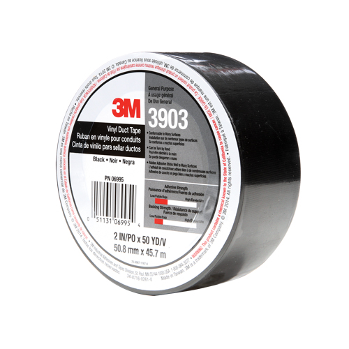 Rubans adh&eacute;sifs en vinyle 3903, 1245 mm (49") la x 46 m (151') lo, 6,5 mils, Noir - 3M 3903-49X50-BLK