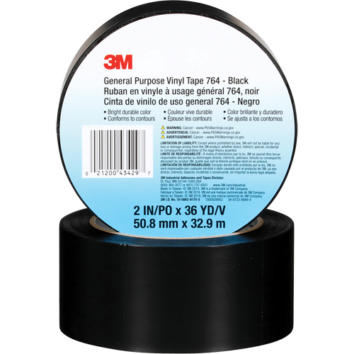 Ruban en vinyle pour travaux g&eacute;n&eacute;raux 764, 50,8 mm (2") la x 32,9 m (108') lo, 5 mils, Noir - 3M 764-2X36-BLK