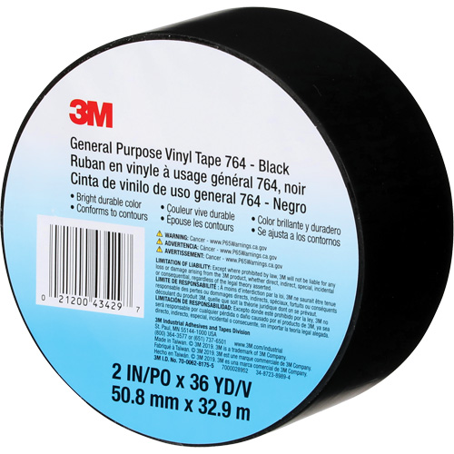 Ruban en vinyle pour travaux g&eacute;n&eacute;raux 764, 50,8 mm (2") la x 32,9 m (108') lo, 5 mils, Noir - 3M 764-2X36-BLK