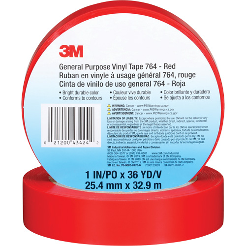 Ruban en vinyle pour travaux g&eacute;n&eacute;raux 764, 25,4 mm (1") la x 32,9 m (108') lo, 5 mils, Rouge - 3M 764-1X36-RED