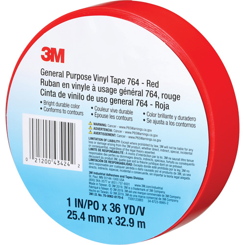 Ruban en vinyle pour travaux g&eacute;n&eacute;raux 764, 25,4 mm (1") la x 32,9 m (108') lo, 5 mils, Rouge - 3M 764-1X36-RED