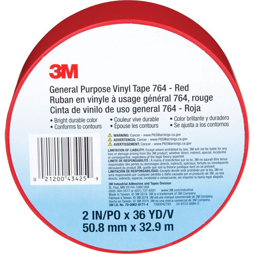 764 General-Purpose Vinyl Tape, 50.8 mm (2") W x 32.9 m (108') L, 5 mils, Red - 3M 764-2X36-RED