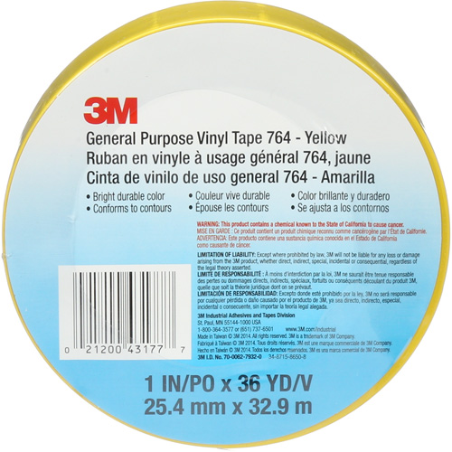 Ruban en vinyle pour travaux g&eacute;n&eacute;raux 764, 25,4 mm (1") la x 32,9 m (108') lo, 5 mils, Jaune - 3M 764-1X36-YLW