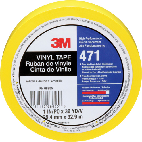 471 Vinyl Tape, 25.4 mm (1") W x 32.9 m (108') L, 5.3 mils, Yellow - 3M 471-1X36-YLW