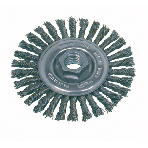 Brosse rotative &agrave; fils nou&eacute;s pour petites meuleuses haute vitesse, pour passe de fond, Dia. 4", Fils 0,02", Arbre 5/8"-11, Acier inoxydable - Osborn 0002639900