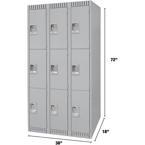 Lockers, 3 -tier, Bank of 3, 36" x 18" x 72", Steel, Grey, Knocked Down - KLETON 