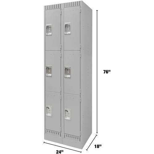 Lockers, 3 -tier, Bank of 2, 24" x 18" x 76", Steel, Grey, Knocked Down - KLETON 