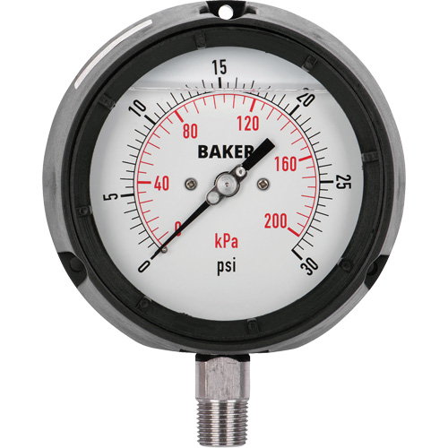Manom&egrave;tre,  4-1/2", 0-30 psi/ 0-200 kPa, Fixation inf&eacute;rieure, Analogique rempli de liquide - Baker LF45-30P-1/2