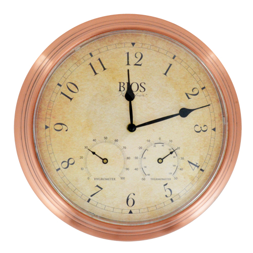 Horloge ext&eacute;rieure 3 en 1, Analogique, &agrave; piles, 14" dia., Brun - BIOS 818BC