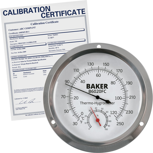 Dial Thermo-Hygrometer with ISO Certificate, 0% - 100% RH, 30 - 250°F (0 - 120°C) - Baker B6020FC-NIST