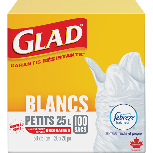 Petits sacs &agrave; ordures 25 L avec Febreze, R&eacute;gulier, 20" la x 20" lo, Blanc - Glad 67489302209