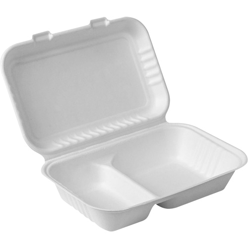 Contenants &agrave; charni&egrave;re pour nourriture compostable avec compartiments, Bagasse, Rectangulaire - Globe 6016