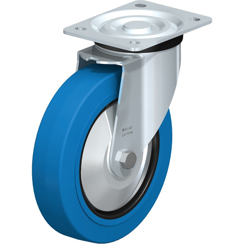 Roulette &eacute;lastique bleue, Pivotant, 8" (203,2 mm), Caoutchouc, 770 lb (349 kg) - Blickle L-POEV 200R-SB-FA