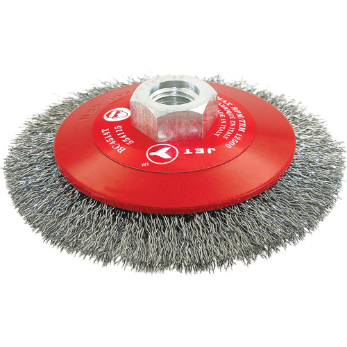 High-Performance Bevel Crimped Conical Brush, 4-1/2" Dia., 0.014" Fill, 5/8"-11 Arbor, Steel - JET 554115