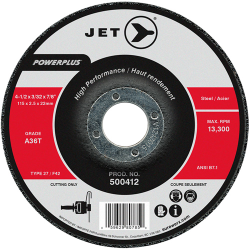 A36T Powerplus Cut-Off Wheel, 4-1/2" x 3/32", 7/8" Arbor, Type T27, 13300 RPM - JET 500412