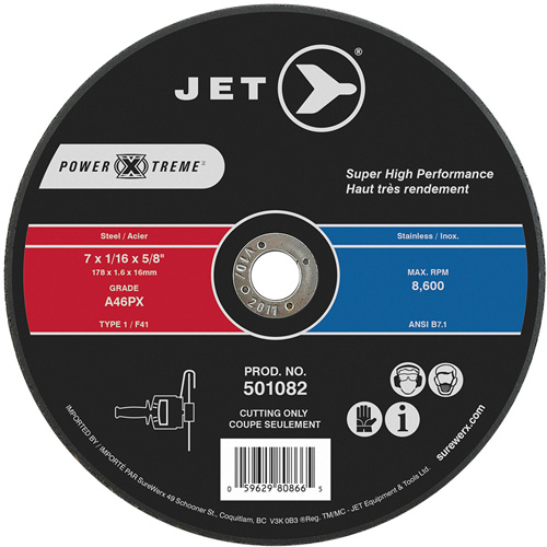 Meule &agrave; tronçonner POWER-XTREME, 7" x 1/16", Arbre de 5/8", Type 1, 8600 Tr/min - JET 501082