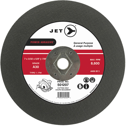 Disque abrasif de tronçonnage, 7" x 3/32", Arbre de 5/8", Type 1, 8600 Tr/min - JET 501207