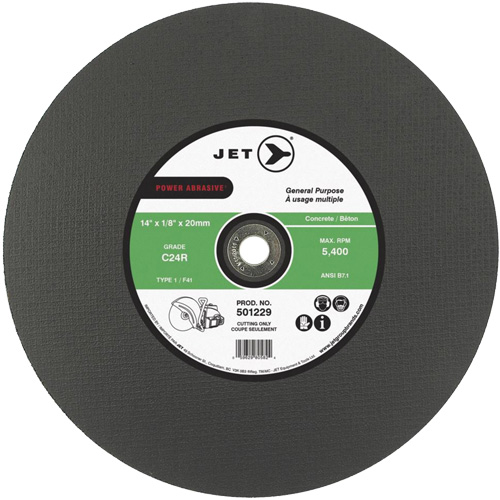 Power Abrasive Cut-Off Wheel, 12" x 1/8", 20 mm Arbor, Type 1, 6370 RPM - JET 501221