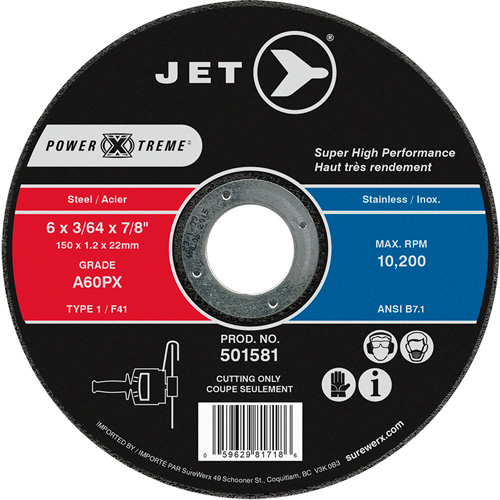 Meule &agrave; tronçonner POWER-XTREME, 6" x 3/64", Arbre de 7/8", Type 1, 10 200 Tr/min - JET 501581