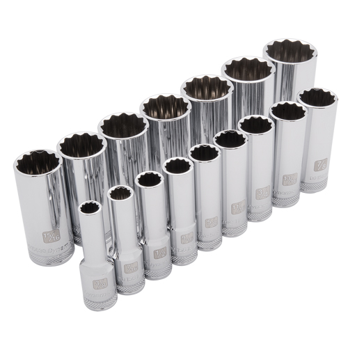 SAE Socket Set, 16 Pcs, 1/2" Drive Size, Deep - Dynamic Tools D018003