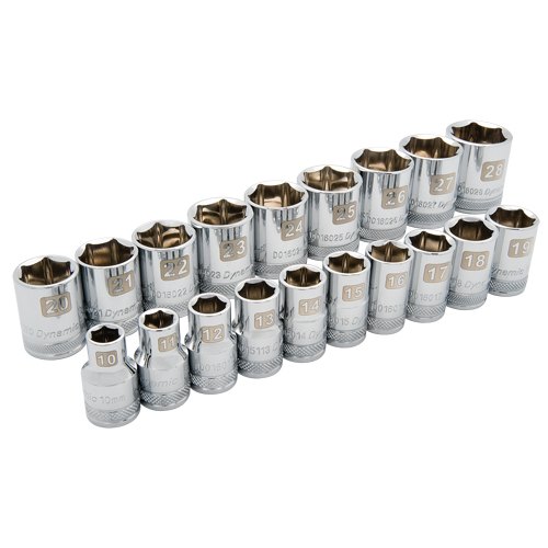 Metric Socket Set, 19 Pcs, 1/2" Drive Size - Dynamic Tools D018004