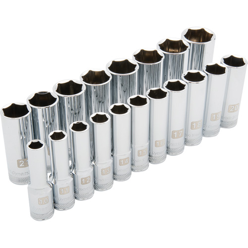 Metric Socket Set, 19 Pcs, 1/2" Drive Size, Deep - Dynamic Tools D018005
