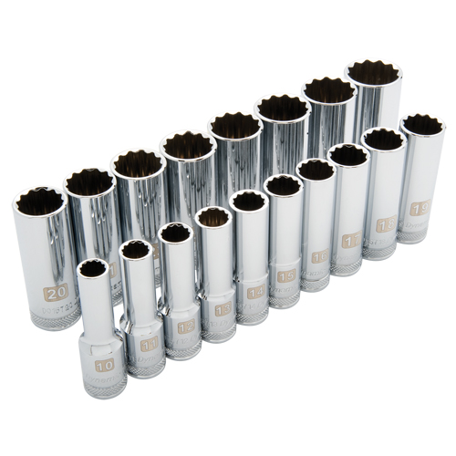 Metric Socket Set, 18 Pcs, 1/2" Drive Size, Deep - Dynamic Tools D018007