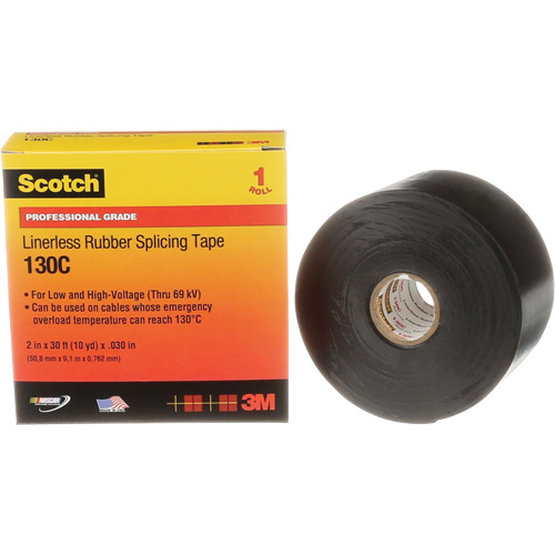 Scotch&reg; Professional Grade Linerless Rubber Splicing Tape, 50.8 mm (2") W x 9 m (30') L, 30 mils, Black - 3M 130C-2X30