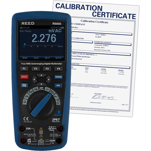 Multim&egrave;tre industriel num&eacute;rique v. e. v. avec certificat de calibration, Tension c.a./c.c., Courant c.a./c.c. - Reed Instruments R5005-NIST