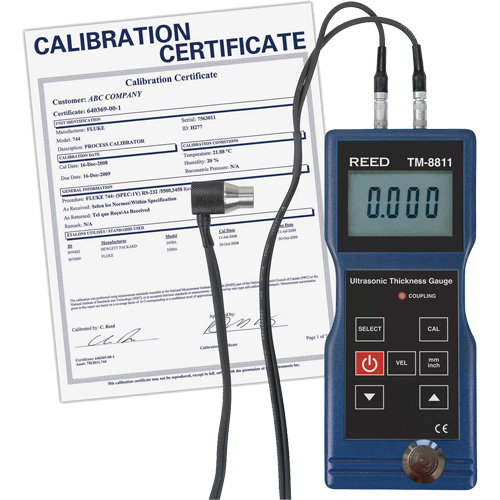 Jauge d'&eacute;paisseur avec certificat de calibration, Affichage Num&eacute;rique, Ultrason, gamme de 0,05" to 7,9" (1,5 mm to 200 mm) - Reed Instruments TM-8811-NIST