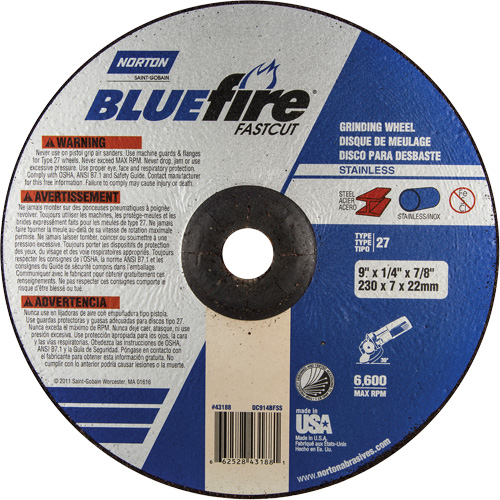 Meule Bluefire, 9" x 1/4", Arbre 7/8", Oxyde d'aluminium/Zirconium, Type 27 - Norton 66252843188