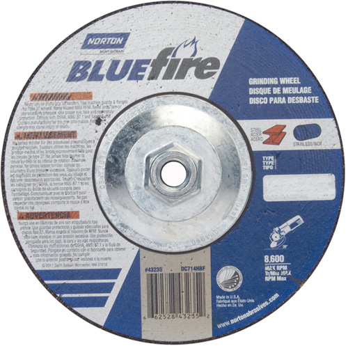 Bluefire&reg; Fastcut Depressed Centre Wheel, 7" x 1/4", 5/8"-11 Arbor, Zirconia Alumina, Type 27 - Norton 66252843235