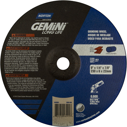 Gemini&reg; Grinding Wheel, 9" x 1/4", 7/8" Arbor, Aluminum Oxide, Type 27 - Norton 66253048991