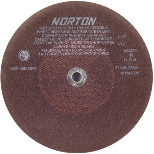 Meules &agrave; tronçonner non renforc&eacute;es pour tour d'outillage, 10" x 1/16", Arbre de 5/8", Type 01/41, Oxyde d'aluminium, 4585 Tr/min - Norton 66253122818