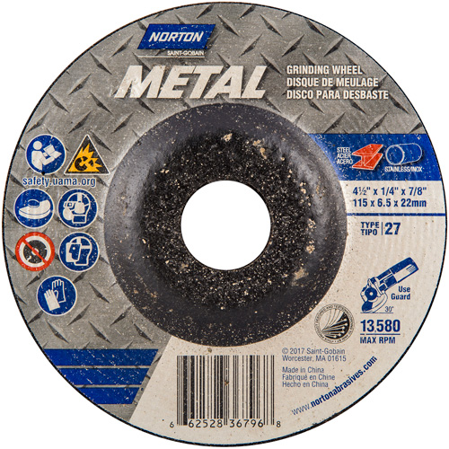 Depressed Centre Wheel, 4-1/2" x 1/4", 7/8" Arbor, Aluminum Oxide, Type 27 - Norton 66252836796
