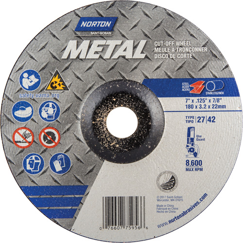 Meules &agrave; moyeu d&eacute;port&eacute; en m&eacute;tal, 7" x 1/8", Arbre 7/8", Oxyde d'aluminium, Type 27 - Norton 07660775956