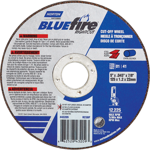 BlueFire&reg; Cut-off Wheel, 5" x 0.045"/1/16", 7/8" Arbor, Type 01/41, Aluminum Oxide/Zirconium, 12225 RPM - Norton 66252843209