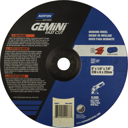 Gemini&reg; Depressed Centre Grinding Wheels, 9" x 1/4", 7/8" Arbor, Type 27 - Norton 66253049077