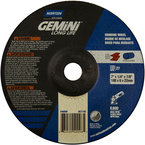 Gemini&reg; Grinding Wheel, 7" x 1/4", 7/8" Arbor, Aluminum Oxide, Type 27 - Norton 66252940098
