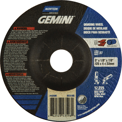 Meules &agrave; moyeu d&eacute;port&eacute; Gemini, 5" x 1/8", Arbre 7/8", Oxyde d'aluminium, Type 27 - Norton 66252843596