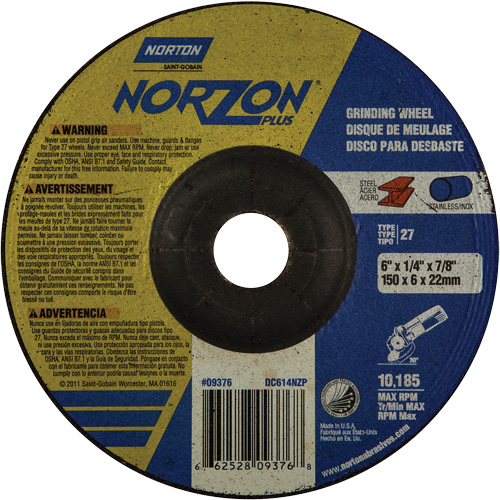 Norzon Plus&reg; Depressed Centre Grinding Wheels, 6" x 1/4", 7/8" Arbor, Ceramic/Zirconium, Type 27 - Norton 66252809376