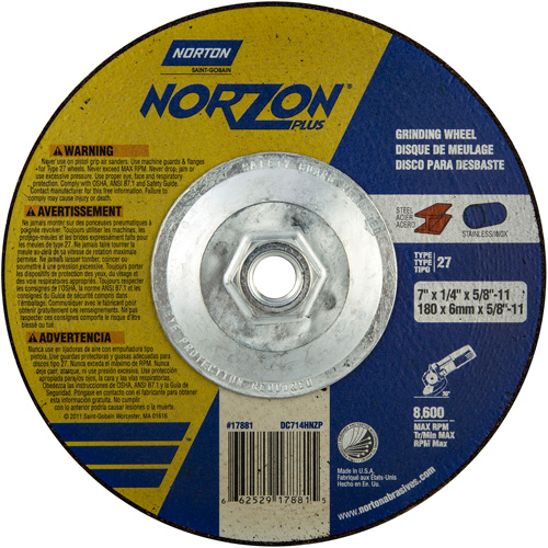 Meules Norzon Plus, 7" x 1/4", Arbre 5/8"-11, C&eacute;ramique d'alumine, Type 27 - Norton 66252917881