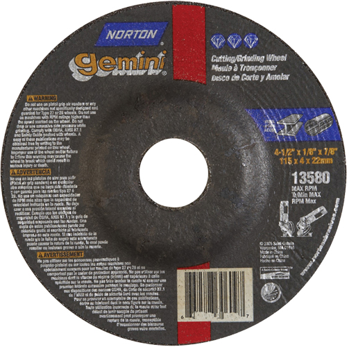 Meules &agrave; moyeu d&eacute;port&eacute; Gemini, 9" x 1/8", Arbre 7/8", Oxyde d'aluminium, Type 27 - Norton 66253048994