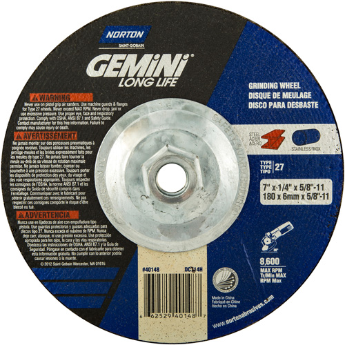 Gemini&reg; Grinding Wheel, 7" x 1/4", 5/8"-11 Arbor, Aluminum Oxide, Type 27 - Norton 66252940148