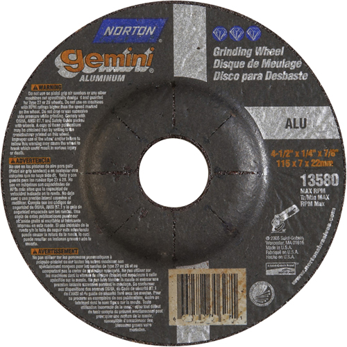 Meules &agrave; moyeu d&eacute;port&eacute; Gemini, 5" x 1/4", Arbre 7/8", Oxyde d'aluminium, Type 27 - Norton 66252842039