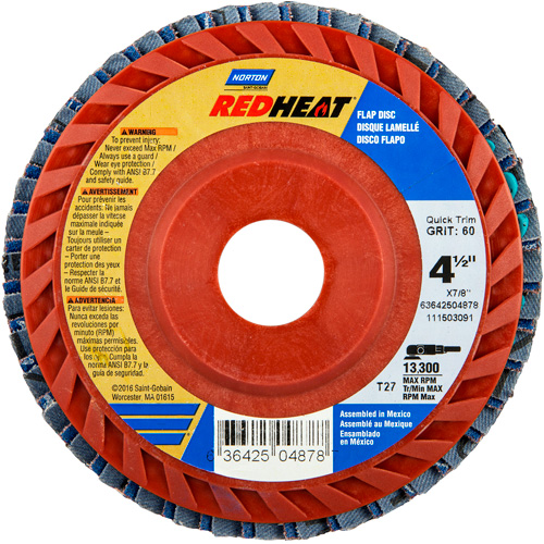 Red Heat&reg; Plastic Flat Flap Discs, 4-1/2" x 7/8", Type 27, 40 Grit, Ceramic Alumina - Norton 63642504877
