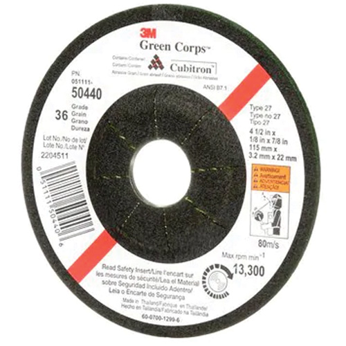 Green Corps Flexible Grinding Wheel, 4-1/2" x 1/8", 7/8" Arbor, Ceramic, Type 27 - 3M AB50440