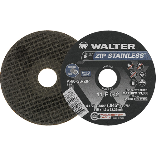 Zip Stainless Right Angle Grinder Reinforced Cut-Off Wheels, 4-1/2" x 3/64", 7/8" Arbor, Type 1, Aluminum Oxide, 13300 RPM - Walter Surface Technologies 11F042