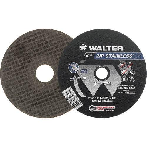 Zip Stainless Right Angle Grinder Reinforced Cut-Off Wheels, 7" x 1/16", 7/8" Arbor, Type 1, Aluminum Oxide, 8600 RPM - Walter Surface Technologies 11F072