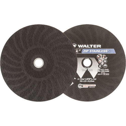 Meules &agrave; tronçonner renforc&eacute;es Zip en acier inoxydable pour scies circulaires, 9" x 5/64", Arbre de 7/8", Type 1, Oxyde d'aluminium, 6800 Tr/min - Walter Technologies Pour Surface 11F092